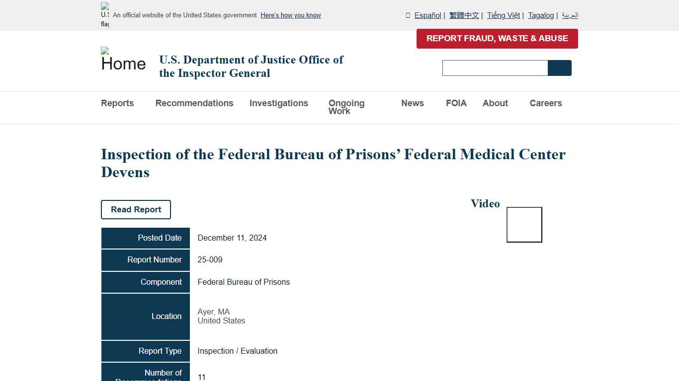Inspection of the Federal Bureau of Prisons’ Federal Medical Center Devens | U.S. Department of Justice Office of the Inspector General