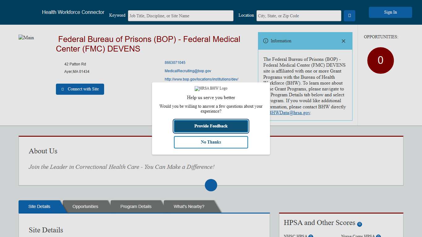 Health Workforce Connector - Site Profile Page